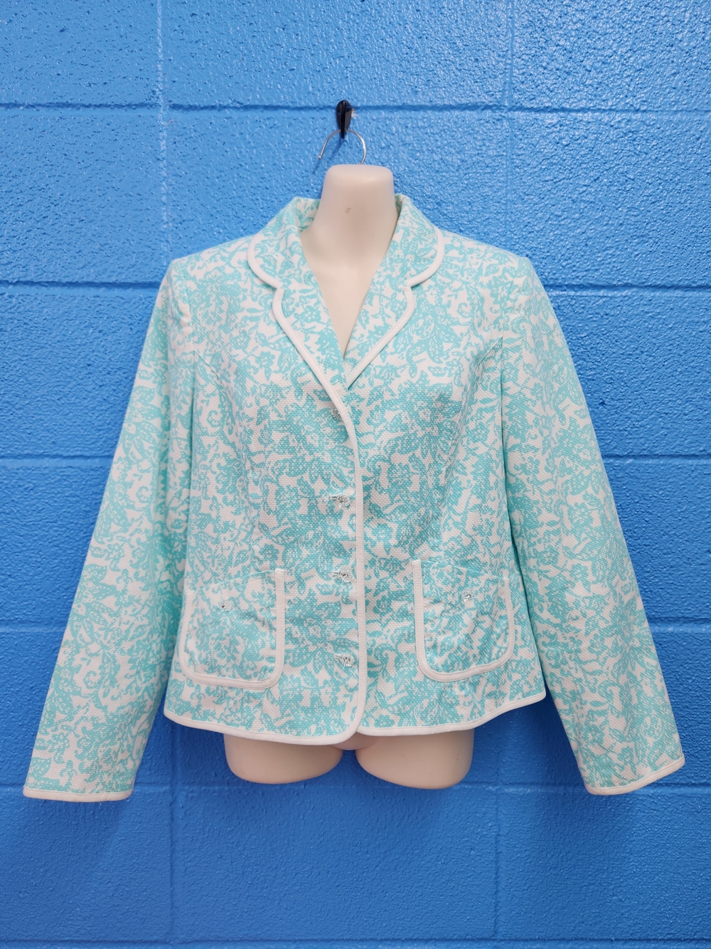 Oscar de la Renta Aqua and White Patterned Blazer
